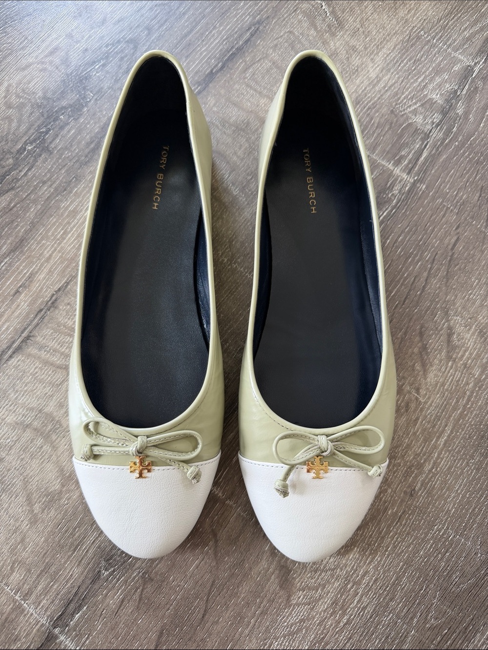 Tory Burch Olive Green & White Patent Leather Ballet Flats